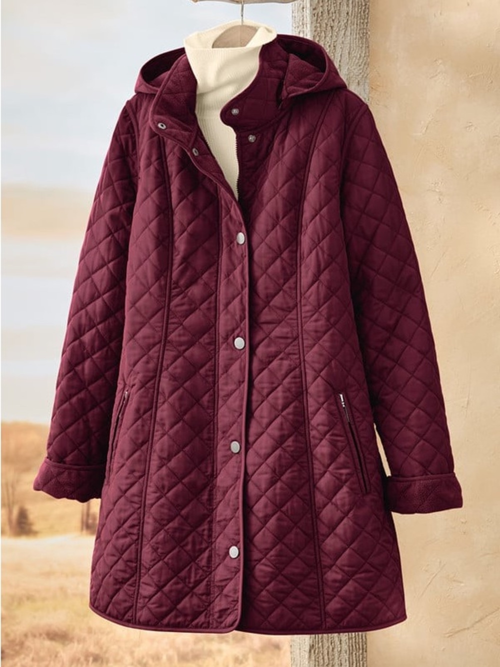 Coldwater Creek Quilted Hooded Car Coat Wine Burgundy Size Small